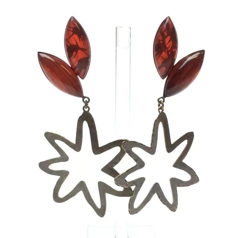 Boucles d’oreilles, cabochons navettes résine feu, pendants étoiles en laiton finition bronze antique