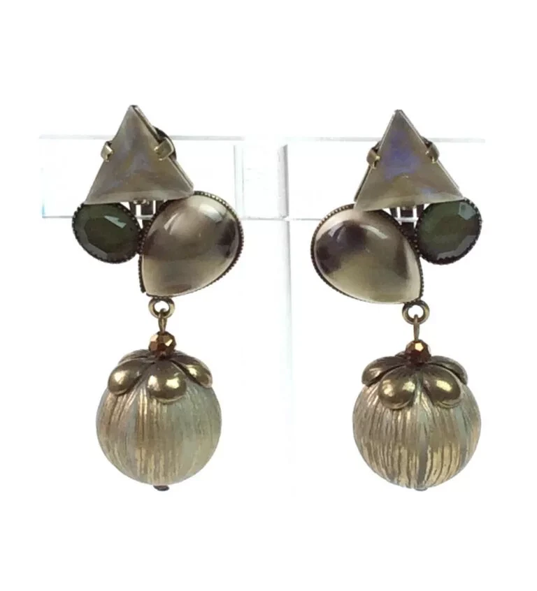 Boucles d’oreilles, composition de multi cabochons, effet camouflage, pendants perles rondes en résine vert mordoré